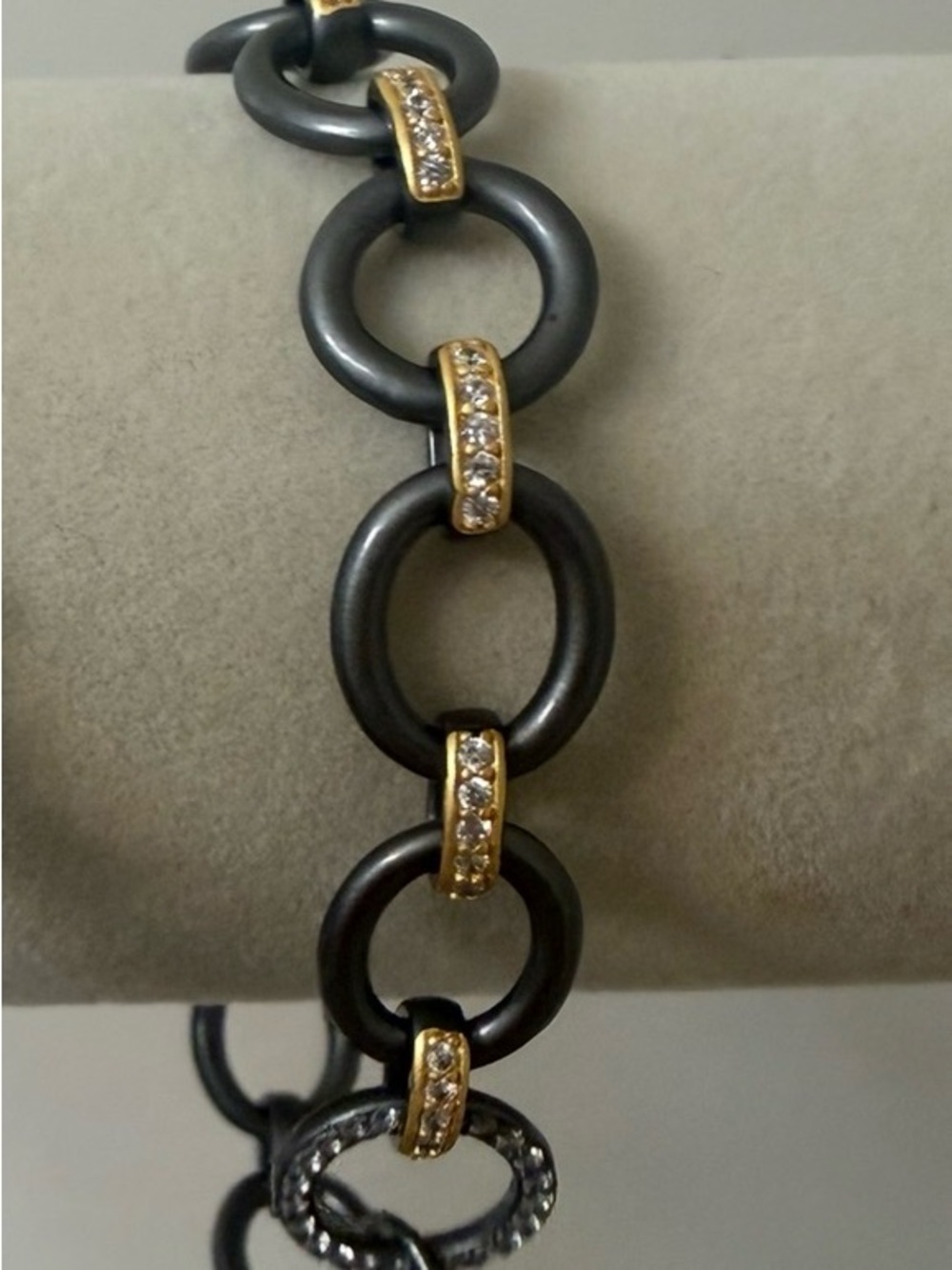 Black and Gold Circular Link Bracelet with Crystal Accents